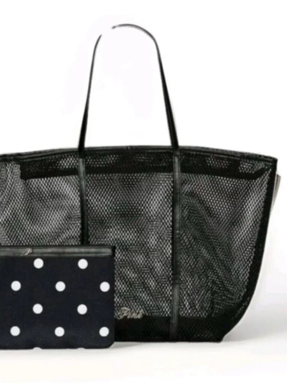 Black Mesh Tote Bag with Polka Dot Pouch from Pink Victoria’s Secret